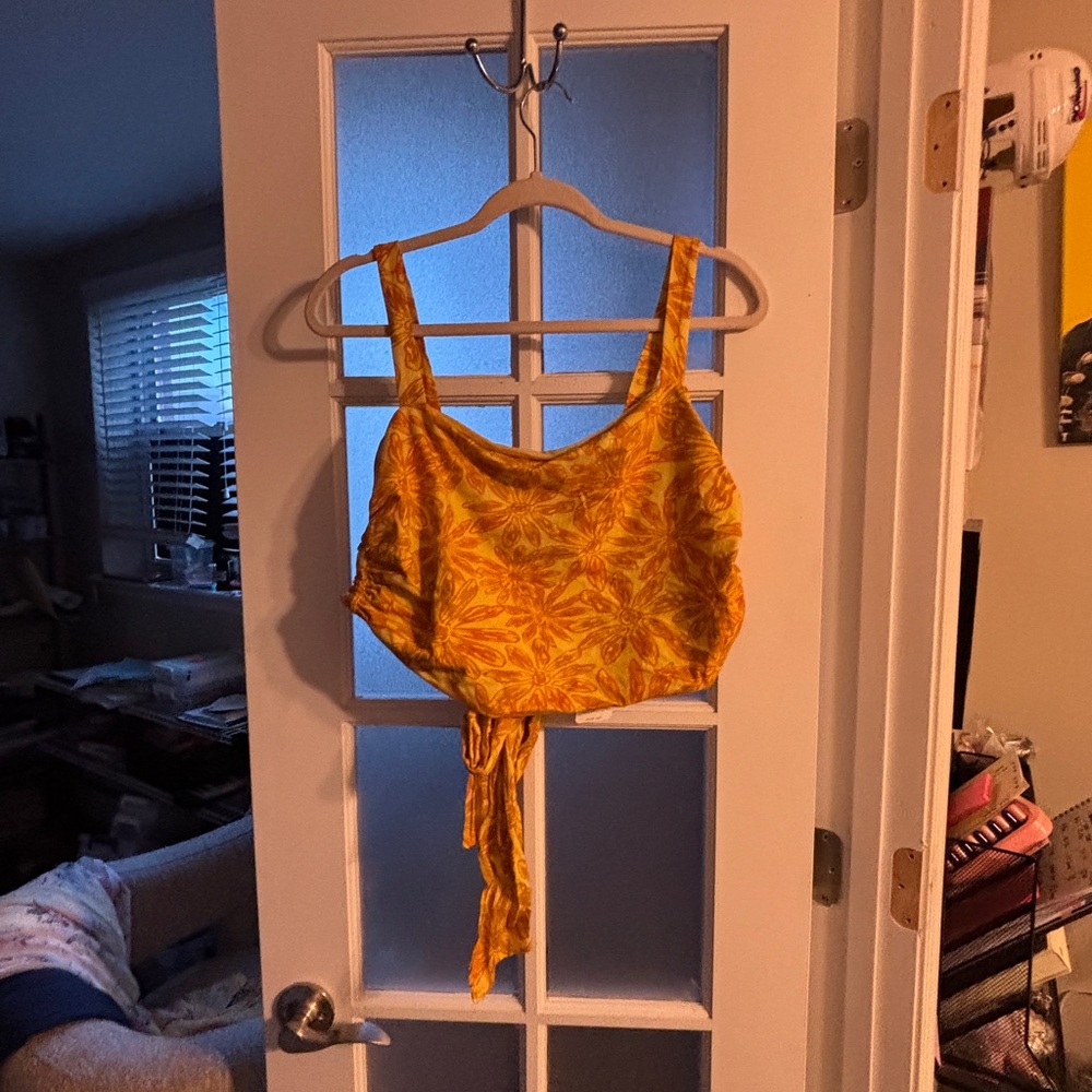 Free People Yellow Floral Tie-Back Crop Top